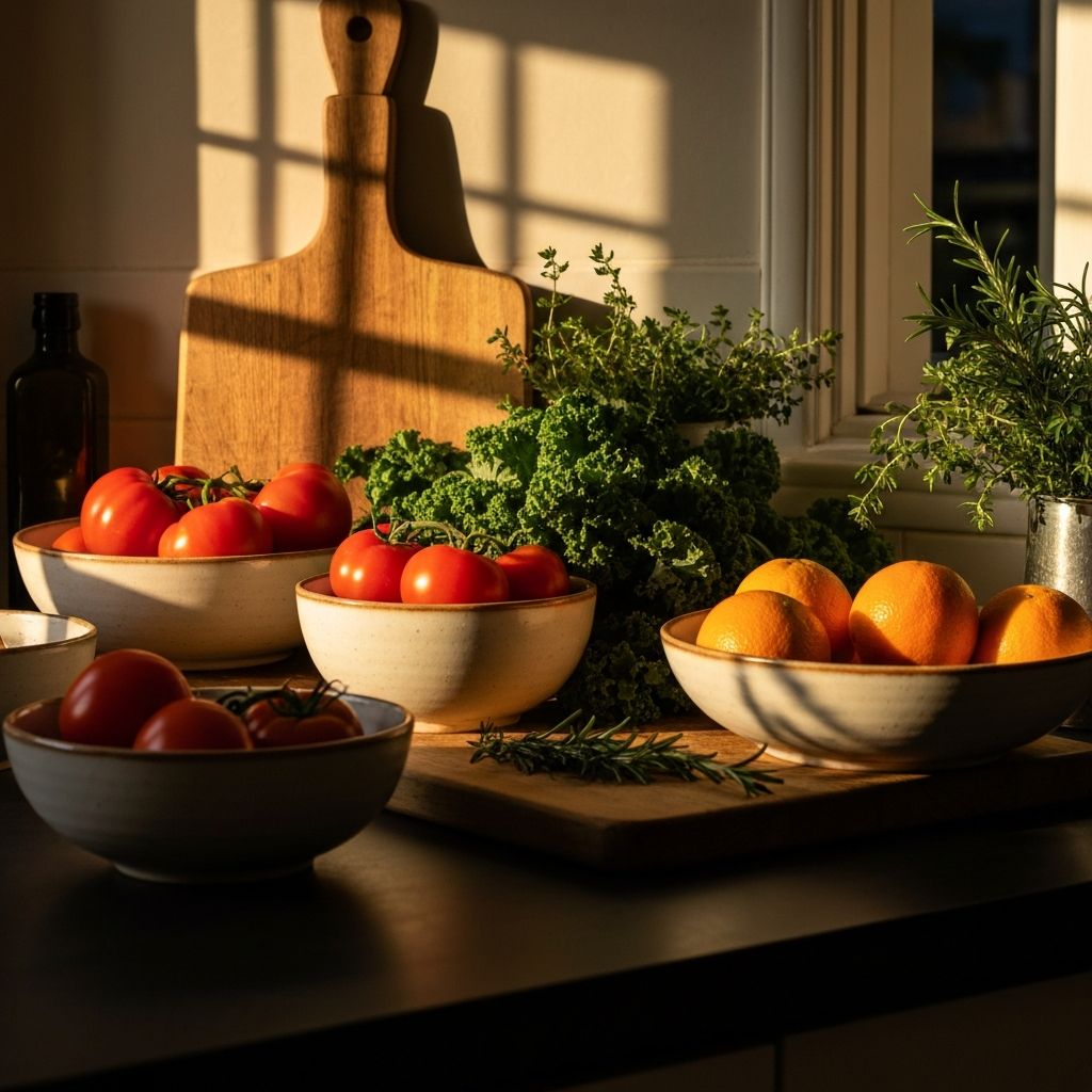 A well-organised kitchen counter with fresh seasonal produce, wooden cutting board, and ceramic bowls in warm natural light