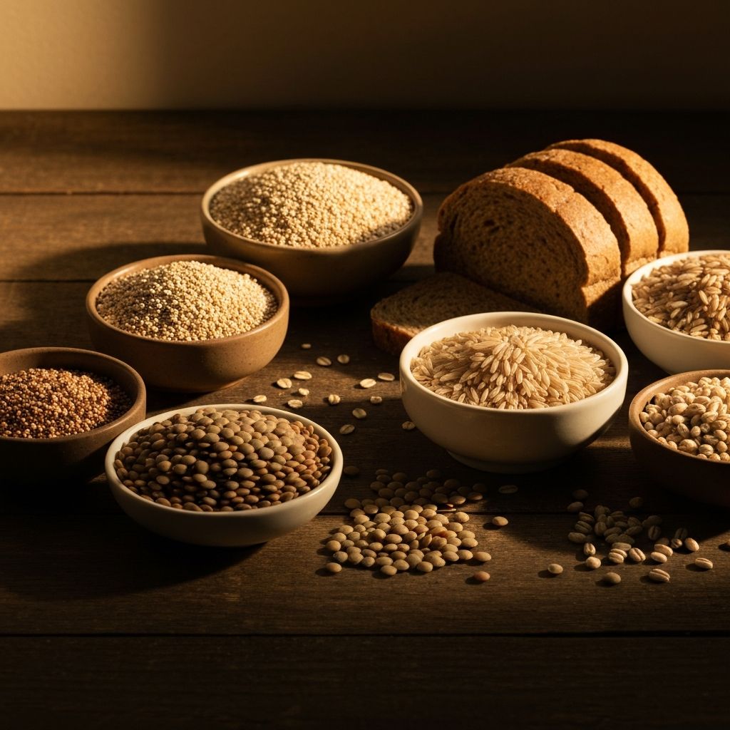 Whole grains including quinoa, oats, brown rice and lentils arranged in bowls on a wooden surface